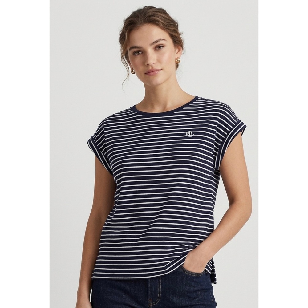 Lauren Ralph Lauren Navy White Striped Cap Sleeve Top LRL Monogram LN21720 Large